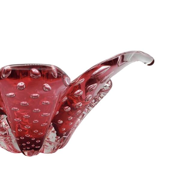 Small Murano Cranberry Art Glass Bowl Controlled Bubble Handle Dish Vintage Red - Picture 8 of 15